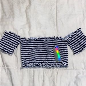 NWT Navy Striped Off the Shoulder Bikini Top